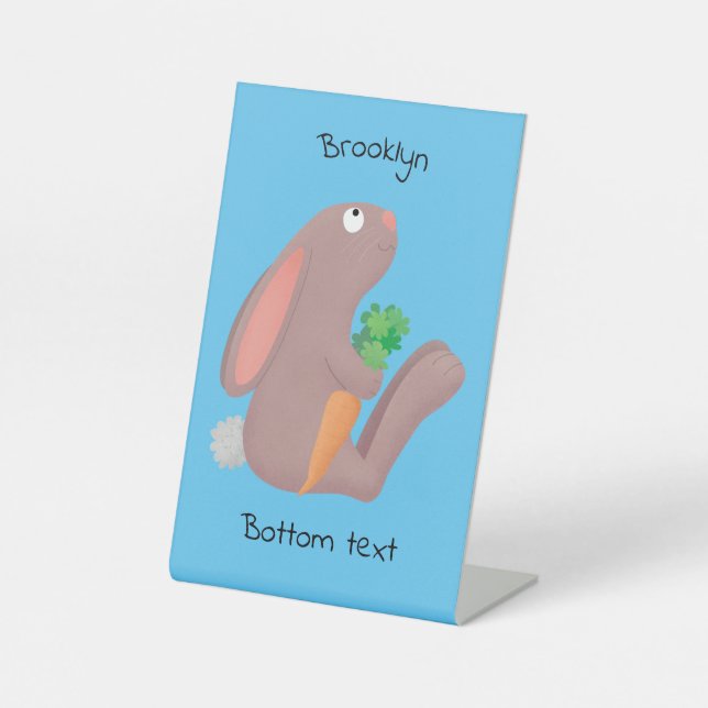 Cute bunny rabbit sitting with carrot cartoon pedestal sign (Front)