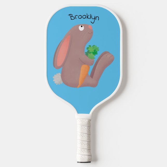 Cute bunny rabbit sitting with carrot cartoon  pickleball paddle (Front)