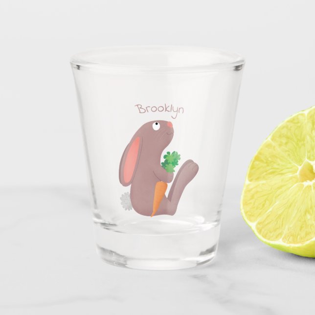Cute bunny rabbit sitting with carrot cartoon shot glass (Front)