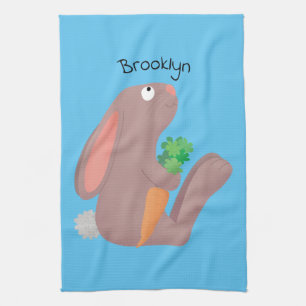 Cute bunny rabbit sitting with carrot cartoon tea towel