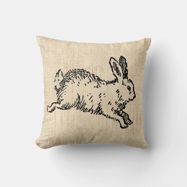 Cute Bunny Rabbit Vintage Illustration Script Art Cushion (Front)