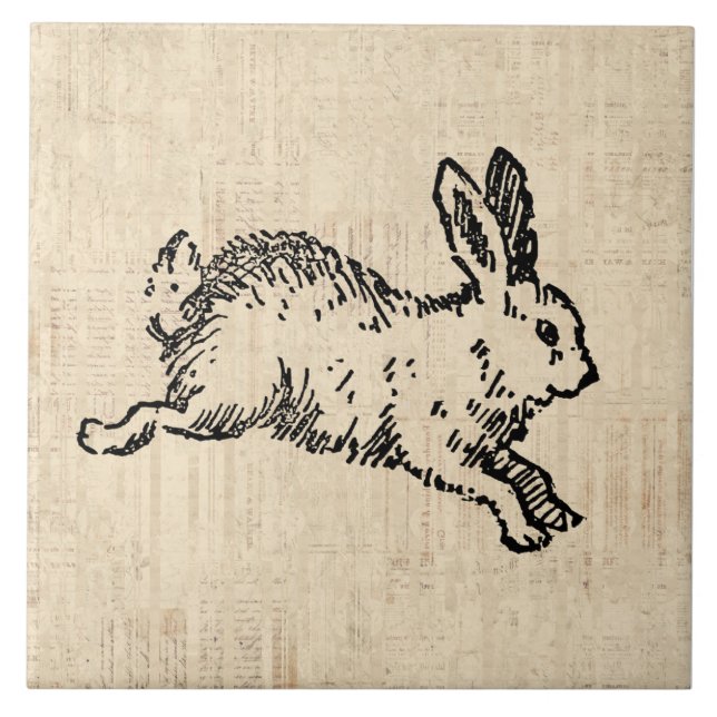 Cute Bunny Rabbit Vintage Illustration Script Art Tile (Front)