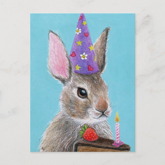 Cute bunny rabbit with chocolate cake birthday postcard (Front)
