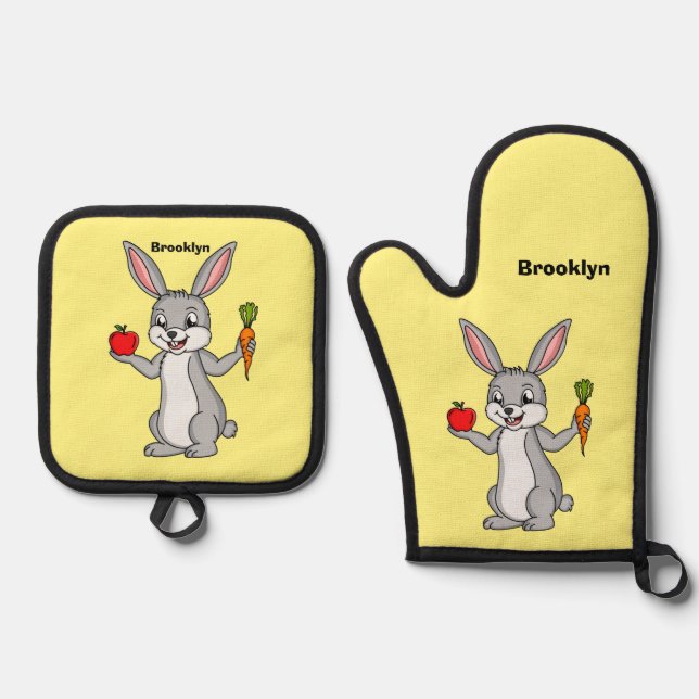 Cute bunny rabbit with vegetables cartoon oven mitt & pot holder set (Front)