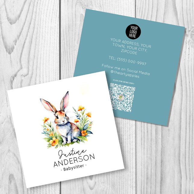 Cute Bunny Rabbit with warm colours babysitter  Square Business Card (Creator Uploaded)