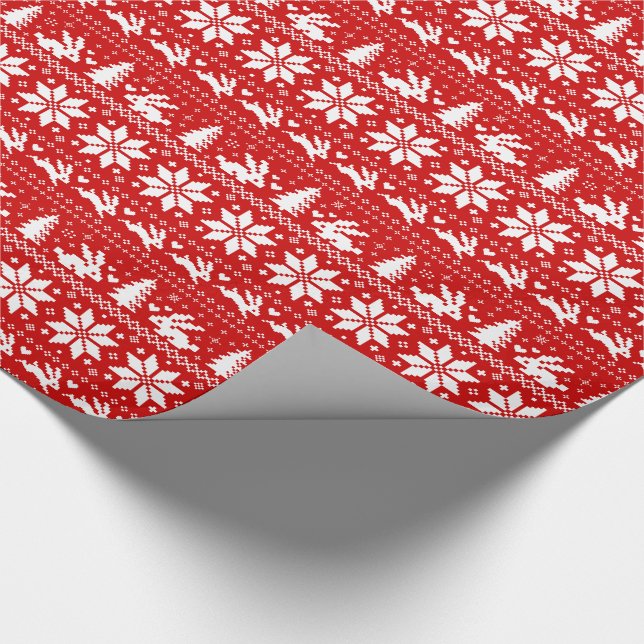 Cute Bunny Rabbits Christmas Holiday Pattern Red Wrapping Paper (Corner)