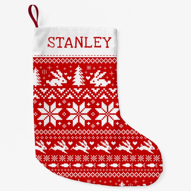 Cute Bunny Rabbits Holiday Pattern Red and White Small Christmas Stocking (Front)