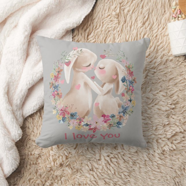 Cute Bunny Rabbits in Love Floral Wreath Cushion (Blanket)