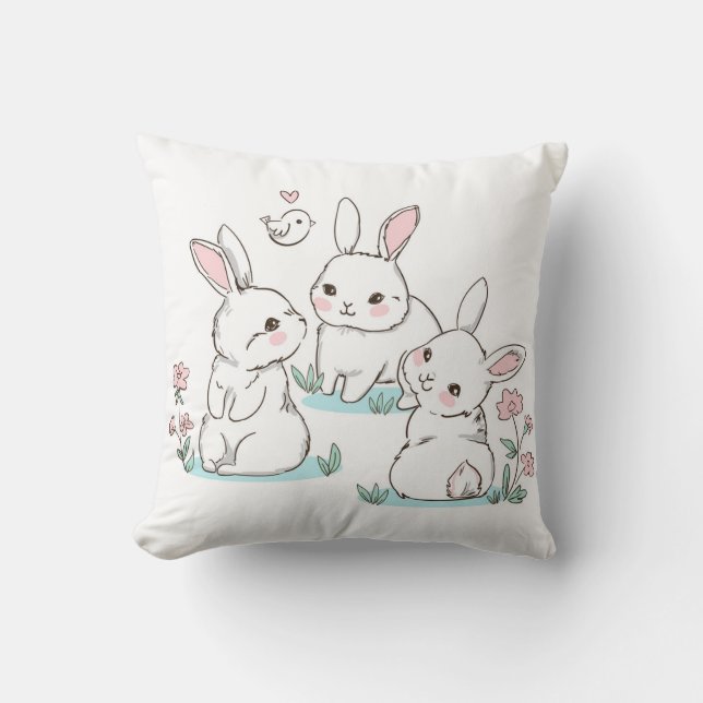 Cute Bunny Rabbits Pink Spring Flowers Easter Cushion (Front)