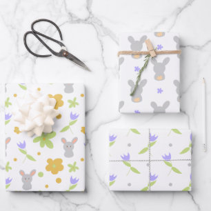 Cute Bunny Rabbits Purple Flowers Wrapping Paper Sheet