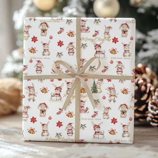 Cute Bunny Rabbits Winter Wonderland Personalised  Wrapping Paper (Creator Uploaded)