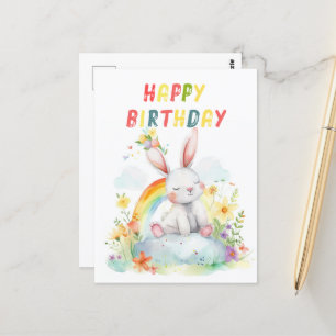 Cute Bunny Rainbow Colourful Happy Birthday Postcard