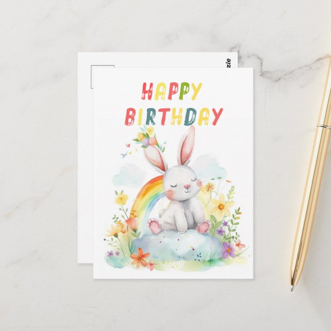 Cute Bunny Rainbow Colourful Happy Birthday Postcard (Front/Back In Situ)