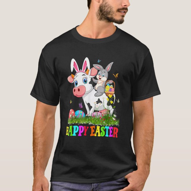 Cute Bunny Riding Cow Easter Egg Cute Rabbit Easte T-Shirt (Front)