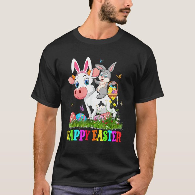 Cute Bunny Riding Cow Easter Egg Cute Rabbit Easte T-Shirt (Front)