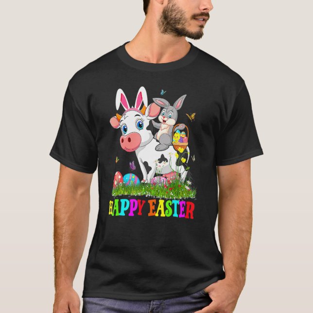 Cute Bunny Riding Cow Easter Egg Cute Rabbit Easte T-Shirt (Front)