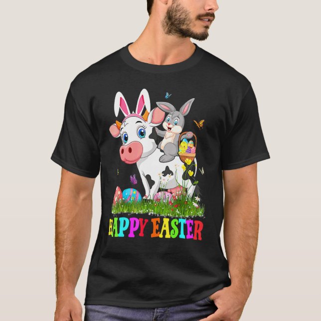 Cute Bunny Riding Cow Easter Egg Cute Rabbit Easte T-Shirt (Front)