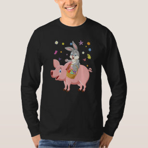 Cute Bunny Riding Pig Hunting Eggs Farmers Happy E T-Shirt