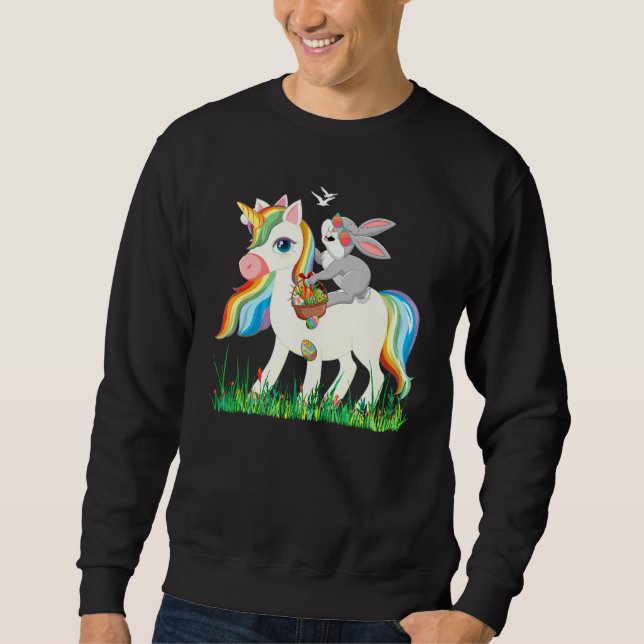 Cute Bunny Riding Unicorn Holding Egg Basket Easte Sweatshirt (Front)