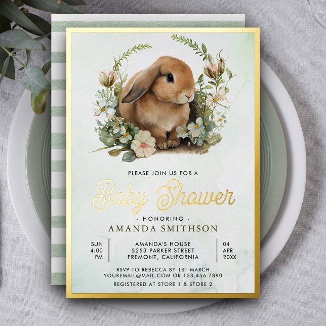 Cute Bunny Sage Green Floral Baby Shower Gold (Creator Uploaded)