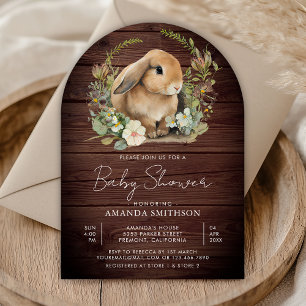 Cute Bunny Sage Green Floral Wood Arch Baby Shower Invitation