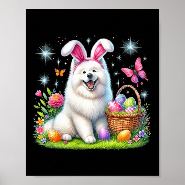 Cute Bunny Samoyed Dog Easter Eggs Basket Easter D Poster (Front)
