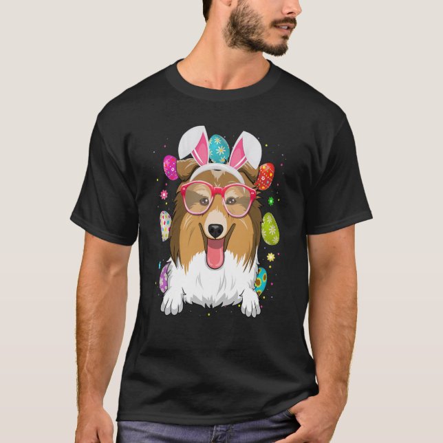 Cute Bunny Shetland Sheepdogs Dog Face Easter Eggs T-Shirt (Front)
