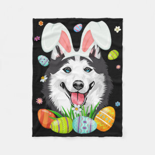 Cute Bunny Siberian Husky Dog Head And Easter Egg Fleece Blanket