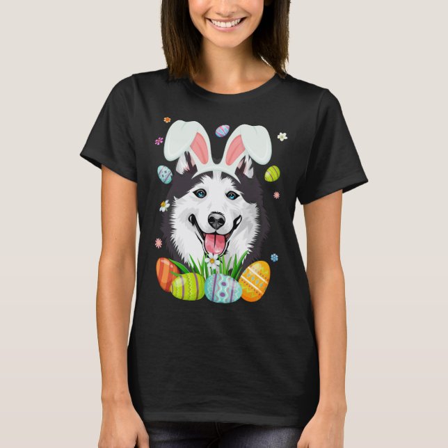 Cute Bunny Siberian Husky Dog Head & Easter Egg Ea T-Shirt (Front)