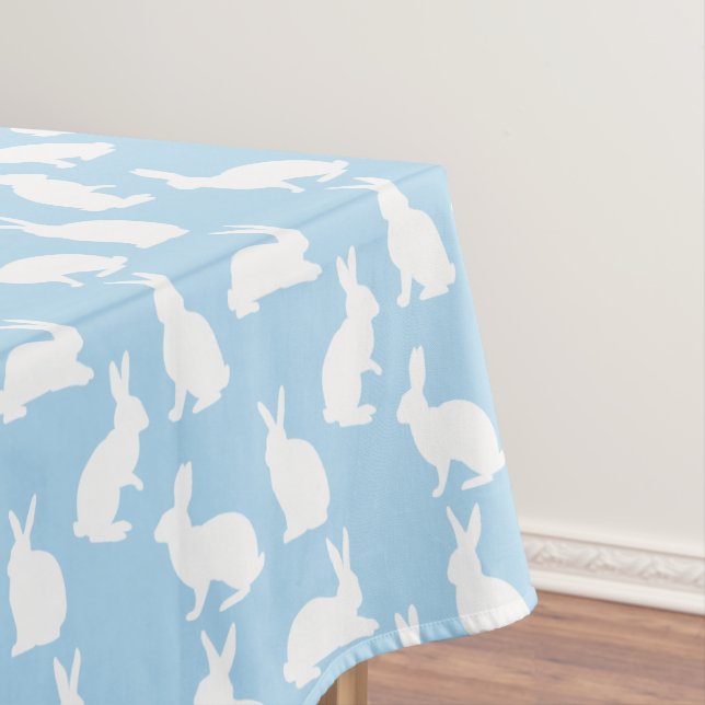 Cute Bunny Silhouettes On Blue Easter Pattern Tablecloth (In Situ)