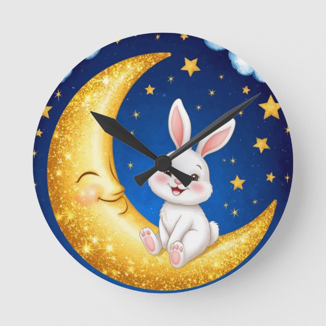 Cute Bunny Sitting on a Golden Crescent Moon Round Clock (Front)