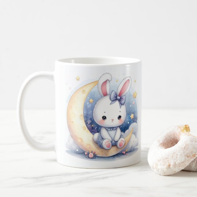 cute bunny sitting on the moon  coffee mug (With Donut)