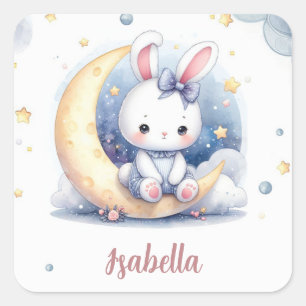 cute bunny sitting on the moon  square sticker