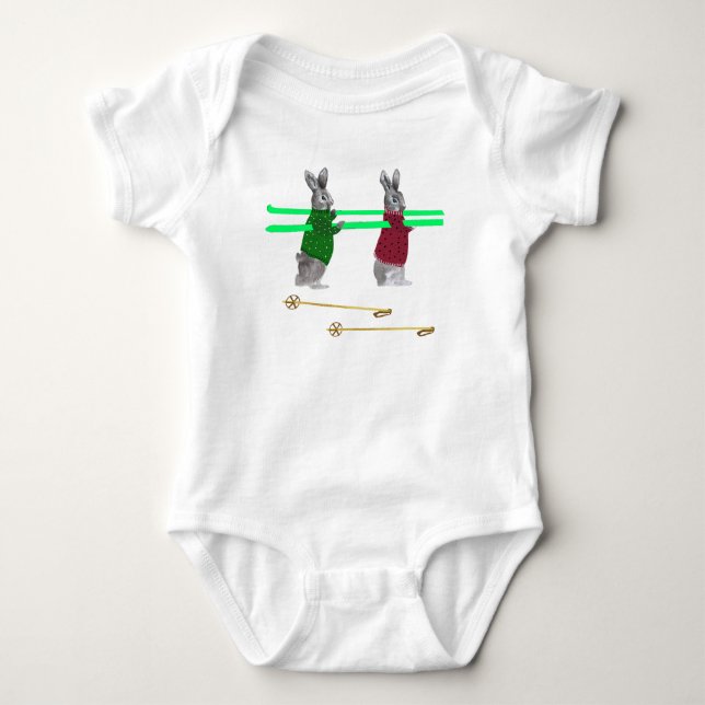 Cute Bunny Ski Illustration Baby Bodysuit (Front)