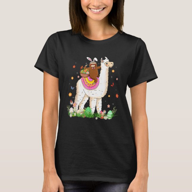 Cute Bunny Sloth Riding Llama Eggs Basket Happy Ea T-Shirt (Front)