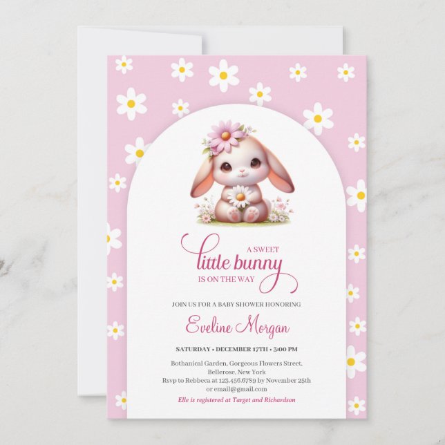 Cute bunny soft pastel pink white daisies spring invitation (Front)