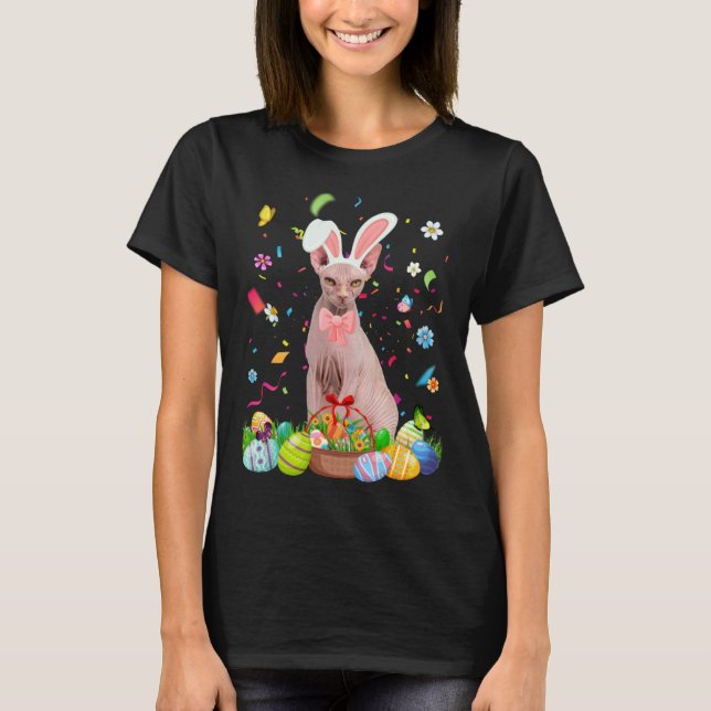 Cute Bunny Sphynx Cat & Easter Egg Basket Easter D T-Shirt (Front)