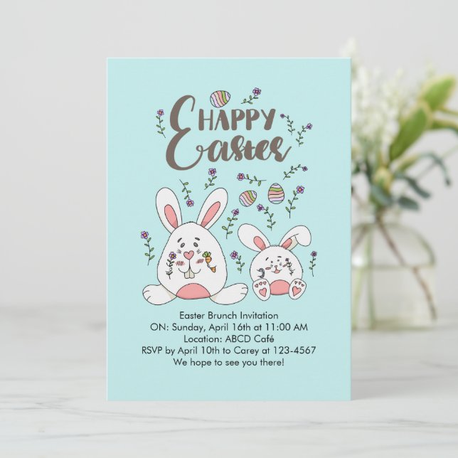 Cute Bunny Spring flower Easter Brunch Invitation (Standing Front)