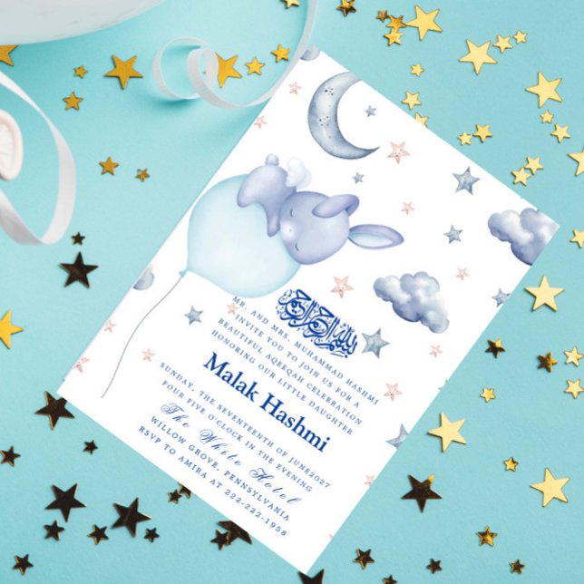 Cute Bunny & Star Baby Boy Islamic Aqiqa Aqeeqa  Invitation (Creator Uploaded)