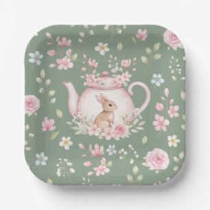 Cute Bunny Teapot Pink Floral Sage Green Spring Paper Plate