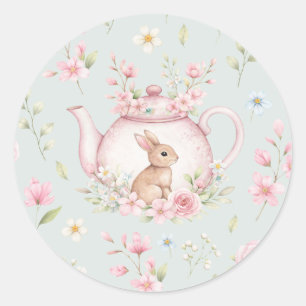 Cute Bunny Teapot Pink Floral Spring Classic Round Sticker
