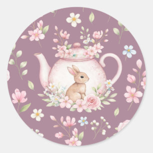 Cute Bunny Teapot Pink Floral Spring Classic Round Sticker