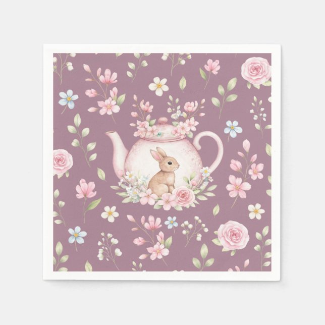 Cute Bunny Teapot Pink Floral Spring Napkin (Front)