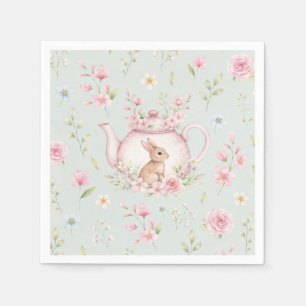 Cute Bunny Teapot Pink Floral Spring Napkin