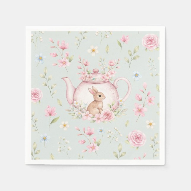 Cute Bunny Teapot Pink Floral Spring Napkin (Front)