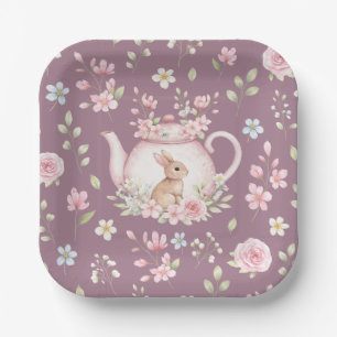 Cute Bunny Teapot Pink Floral Spring Paper Plate