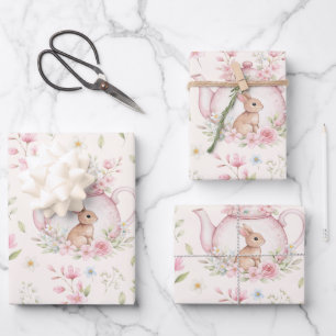 Cute Bunny Teapot Pink Floral  Wrapping Paper Sheet