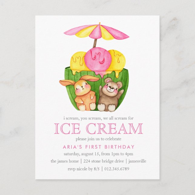 Cute Bunny Teddy Bear Ice Cream 1st Birthday Party Invitation Postcard (Front)