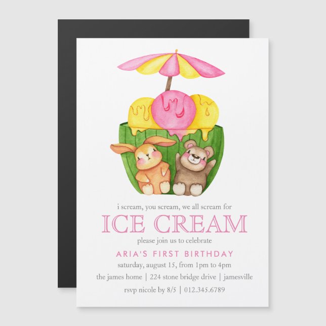Cute Bunny Teddy Bear Ice Cream 1st Birthday Party Magnetic Invitation (Front/Back)