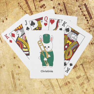 Cute Bunny Trombone Player Green Band Personalise Playing Cards